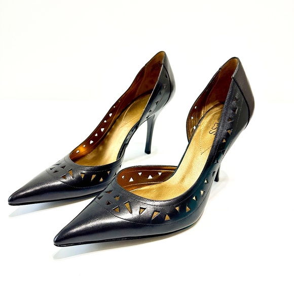 GUESS Black Leather Cutout Stiletto Heels Women’s Size 8.5 Pointed Toe - Picture 1 of 14